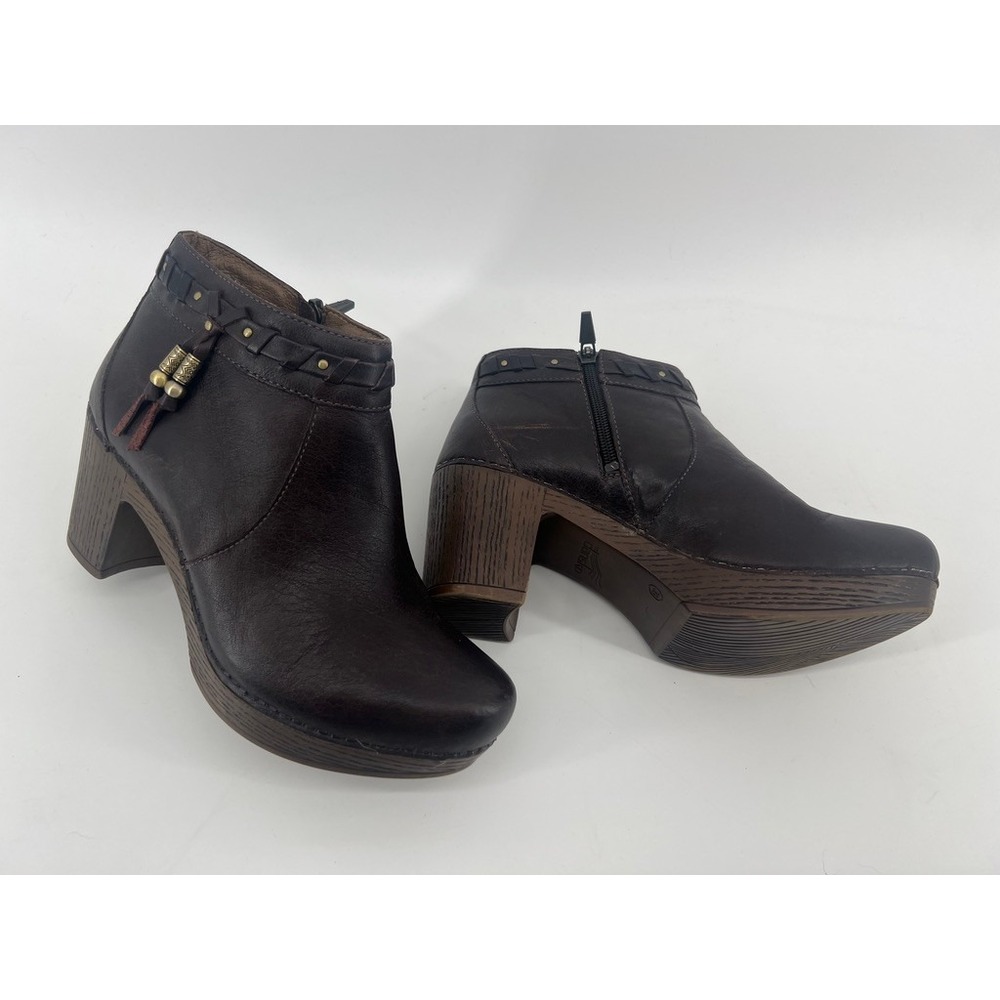Dansko Dabney Leather Ankle Boots Brown Heeled Clog Bootie Size 39 / 8.5-9